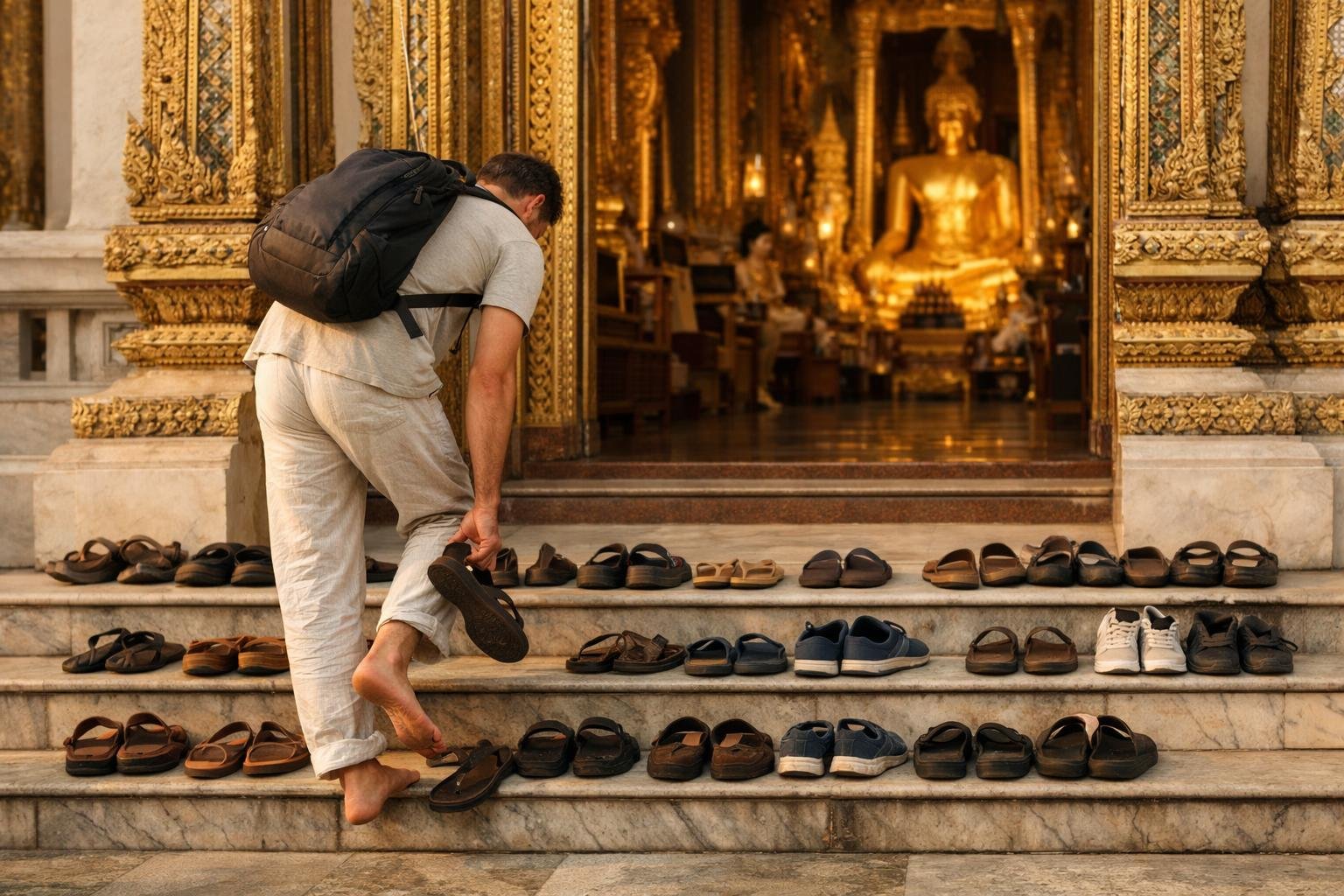 Reisende zieht vor einem thailändischen Tempel die Sandalen aus